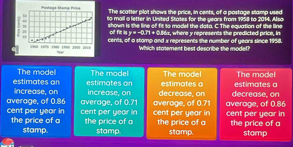 The scatter plot shows the price, in cents, of a postage stamp used
to mail a letter in United States for the years from 1958 to 2014. Also
shown is the line of fit to model the data. C The equation of the line
of fit is y=-0.71+0.86x , where y represents the predicted price, in
cents, of a stamp and x represents the number of years since 1958.
Which statement best describe the model?
The model The model The model The model
estimates an estimates an estimates a estimates a
increase, on increase, on decrease, on decrease, on
average, of 0.86 average, of 0.71 average, of 0.71 average, of 0.86
cent per year in cent per year in cent per year in cent per year in
the price of a the price of a the price of a the price of a
stamp. stamp. stamp. stamp