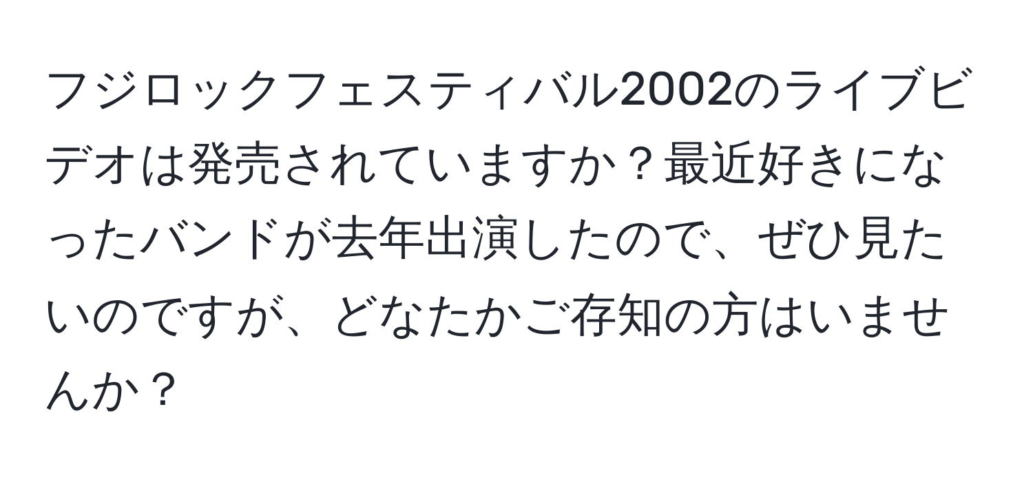 フジロックフェスティバル2002のライブビデオは発売されていますか？最近好きになったバンドが去年出演したので、ぜひ見たいのですが、どなたかご存知の方はいませんか？