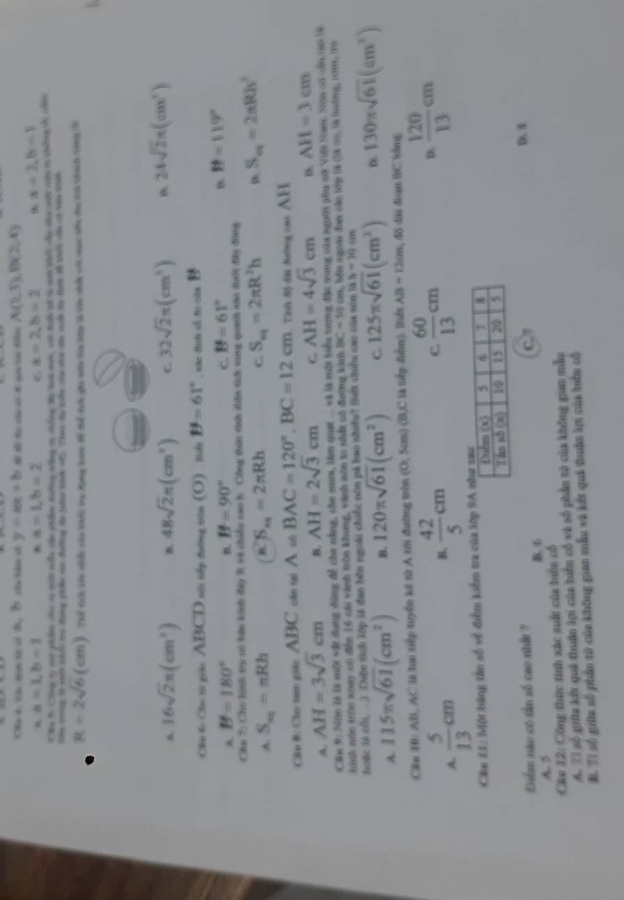 Che a t ta t c B, B  c tan d y=ax+b A(1,3),B(2,4)
a=1,b=1
* a=1,b=2
C a=2,b=2
|t|=2,|b=1
Chu B. Cng t mt phẩn của s niớ sốly cán phn dường tng t thống Mo lt mt ci điất só tà nột tếi của sa nột căn sử chưng t cn
Se crg to weth sls too forg sie wee daing the tal soad ot (ees He kile she shon oe wall te fials A thils wle of ton td
R=2sqrt(6)(cm) Thể Th tớn tiểc sâu tiểu my động tam tể Thể lci gii nớn ta hợp l cớn nhất vớ mac sha đa tà thàch tòng S
16sqrt(2)π (cm^3) B. 48sqrt(2)π (cm^3) C 32sqrt(2)π (cm^3)
24sqrt(2)π (cm^3)
Chu 6 Cho sử giác ABCD sội tếp đường trôn (O) tiển B=61° , vác đình số đa căa B'
A. B=180° B=90° C. B=61°
B.
B=119°
Cần 7: Cho hình try có bán kính đây R và chiều cao h. Công thức tih đện th sung quanh sáo đưới đây đùng
A. S_as=π Rh B. S_ns=2π Rh C S_nq=2π R^2h S_m=2π Rh^2
Câu #: Cho tam giác ABC cân tại A∈fty BAC=120°,BC=12cm Tnh độ đài đường cao AH
A. AH=3sqrt(3)cm B. AH=2sqrt(3)cm C. AH=4sqrt(3)cm D AH=3cm
Cầu 9: Nón là là một vật dụng đùng để che nằng, che mm, lêm qut . và là một tuổu tợng đặc sung của người phụ sứ Việt San Sơn có củu tạo là
lính nón trận xoay có đến 16 cái vành tròn khung, vành nôn to nhất có đường ka BC=50cm x, Bốn ngoài đan các lớ là (là co) là tướng, cớm, tro
huặc 16 cối, ...). (Diện tích lớp l4 đan bền ngoài chiếc nôn pá bao nhiều? Baới chíều cao của săn 1 lah=30cm
A. 115π sqrt(61)(cm^2) B. 120π sqrt(61)(cm^2) C. 125π sqrt(61)(cm^2) D. 130π sqrt(61)(cm^2)
Cầu 10: AB, AC là ha tiếp tuyển kế từ A tới đường tròn (O; 5om) (B,C là tiếp điển). Biển AB=12cm , độ đãi đoạn BC bằng
A.  5/13 cm
B.  42/5 cm
C.  60/13 cm D.  120/13 cm
Chu 11: Một bảng tần số về điểm kiểm tra của lớp 
Điểm nào có tần số cao nhất ? D. 3
C
B. 6
A3
Cầu 12: Công thức tinh xác suất của biển cố
A. T1 số giữa kết quả thuận lợi của biển cổ và số phẩn tử của không gin mẫu
B. Tỉ số giữu số phẩn từ của không gian mẫu và kết quả thuận kợi của tiên có