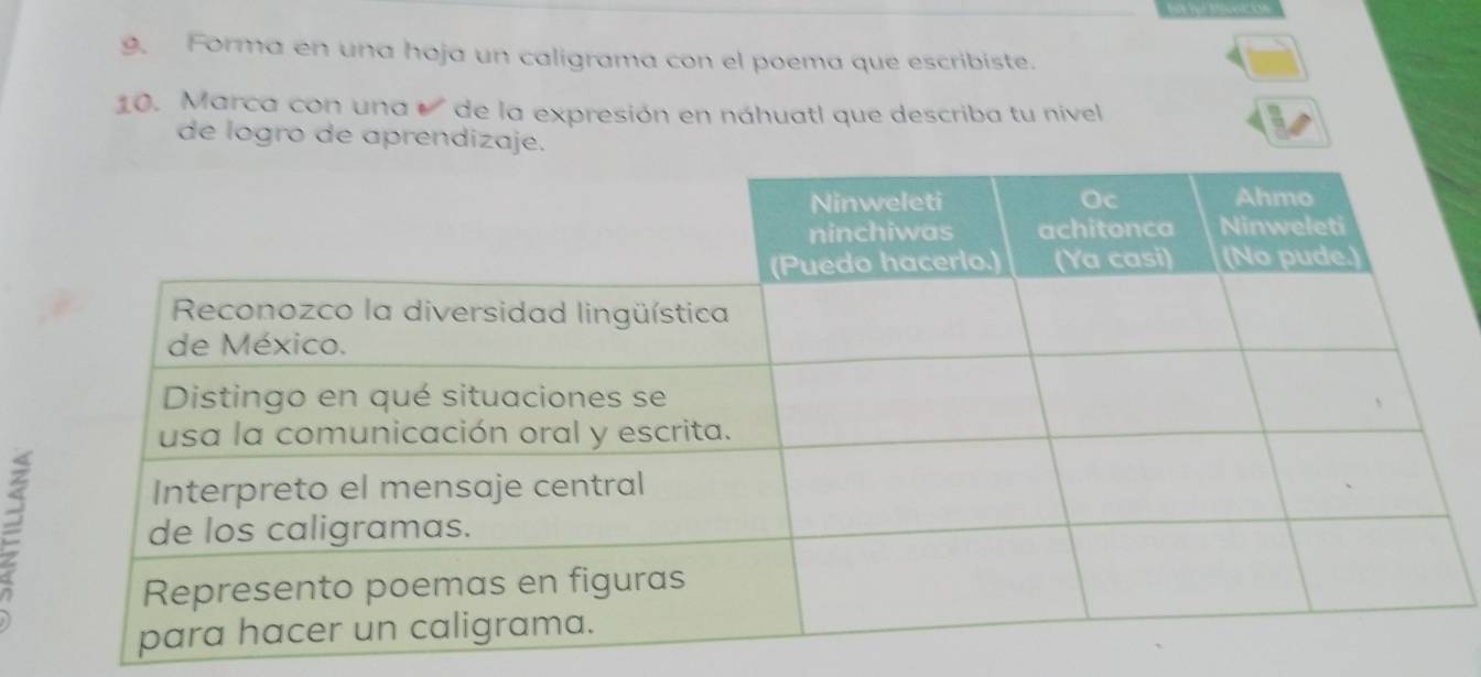 Forma en una hoja un caligrama con el poema que escribiste. 
10. Marca con una de la expresión en náhuatl que describa tu nivell 
de logro de aprendizaje.