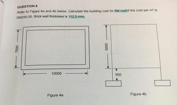 Refer to Figure 4a and 4b below. Calculate the building cost for flat roof if the cost per m^3 is
RM250.00. Brick wall thickness is 112.5 mm. 
Figure 4a