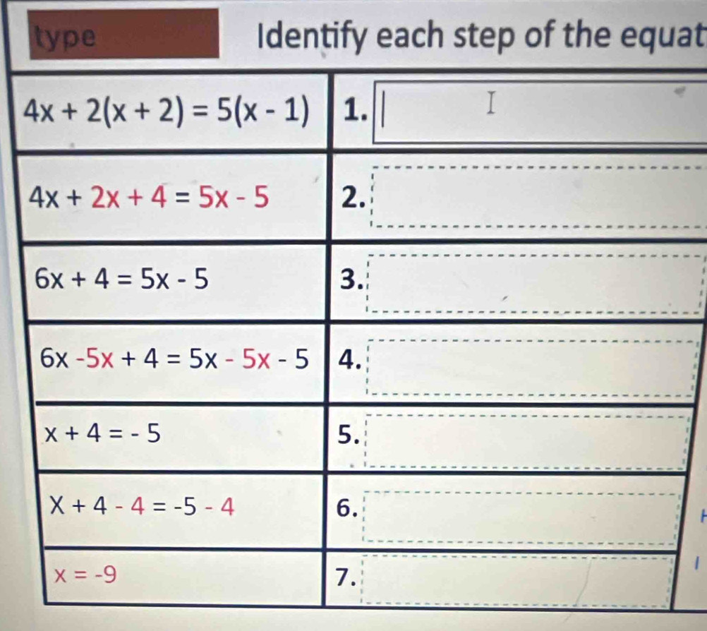 type Identify each step of the equat