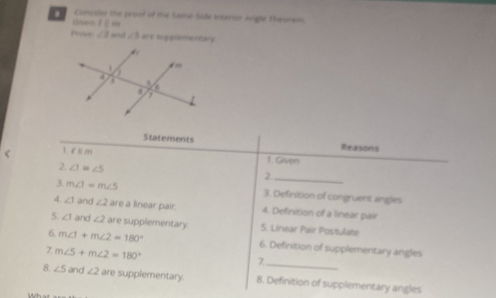 Comper the proof of the Same Sade interior Argge Theorem 
f□ th 
Prove ∠ 2 and ∠ 5 are supplementary 
Statements Reasons 
< 1. €Ⅱm 
1. Gilven 
2. ∠ 1≌ ∠ 5
_2 
3. m∠ 1=m∠ 5 3. Definition of congruent angles 
4. ∠ 1 and ∠ 2 are a linear pair. 4. Definition of a linear pair 
5. ∠ 1 and ∠ 2 are supplementary. 5. Linear Pair Postulate 
6. m∠ 1+m∠ 2=180° 6. Definition of supplementary angles 
7. m∠ 5+m∠ 2=180°
7 
8. ∠ 5 and ∠ 2 are supplementary. 8. Definition of supplementary angles