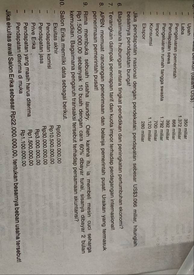 Dulu Denkuti (dalam US$)
Upah 350 miliar
Laba
1.372 miliar
Pengeluaran pemerintah 868 miliar
Pendapatan sewa 392 miliar
Pengeluaran rumah tangga swasta 1.792 miliar
= Impor 700 miliar
— Konsumsi 1.120 miliar
Ekspor 280 miliar
Jika pendapatan nasional dengan pendekatan pendapatan sebesar US$3.066 miliar, hitunglah
besarnya pendapatan bunga!
6. Bagaimana hubungan antara tingkat pendidikan dan peningkatan pertumbuhan ekonomi?
7. Terangkan dampak penerapan tarif dan kuota impor terhadap perdagangan internasional!
8. APBN memuat rancangan penerimaan dan belanja pemerintah puṣat. Uraikan yang termasuk
penerimaan pemerintah pusat!
9. Rima membuka sebuah usaha laundry. Oleh karena itu, ia membeli mesin cuci seharga
Rp1.500.000,00 sebanyak 10 buah dengan cara 60% dibayar tunai, sisanya dibayar 2 bulan
kemudian. Bagaimana pengaruh transaksi tersebut terhadap persamaan akuntansi?
10. Salon Erika memiliki data sebagai berikut.
-  Ekuitas akhir Rp50.000.000,00
- Pendapatan komisi Rp10.500.000,00
- Pendapatan jasa Rp30.000.000,00
- Prive Erika Rp3.000.000,00
Pendapatan yang masih harus diterima Rp1.500.000,00
— Pendapatan diterima di muka Rp1.100.000,00
Jika ekuitas awal Salon Erika sebesar Rp22.000.000,00, tentukan besarnya beban usaha tersebutl