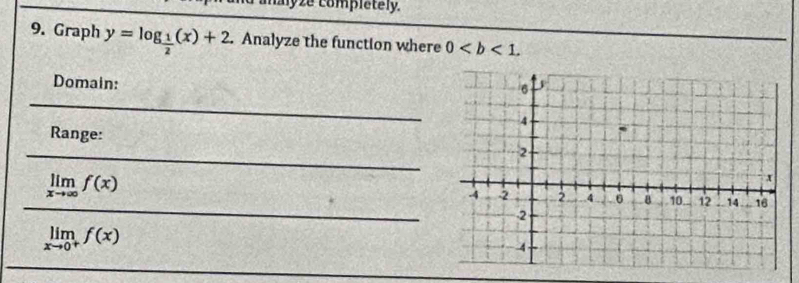 yze completely. 
9. Graph y=log _ 1/2 (x)+2. Analyze the function where 0. 
Domain: 
Range:
limlimits _xto ∈fty f(x)
limlimits _xto 0^+f(x)