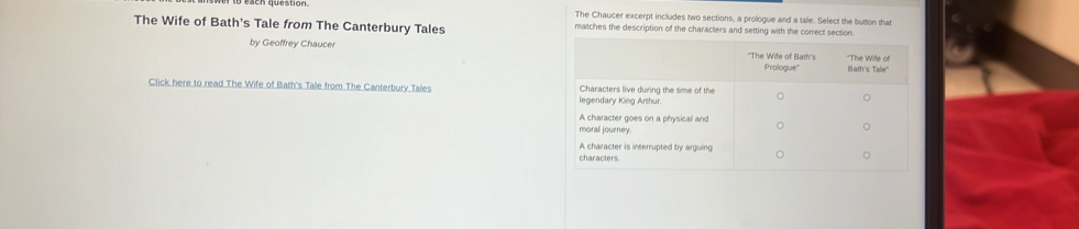 The Chaucer excerpt includes two sections, a prologue and a tale. Sefect the button that 
The Wife of Bath's Tale from The Canterbury Tales matches the description of the characters and setting with the correct section. 
by Geoffrey Chaucer 
Click here to read The Wife of Bath's Tale from The Canterbury Tales