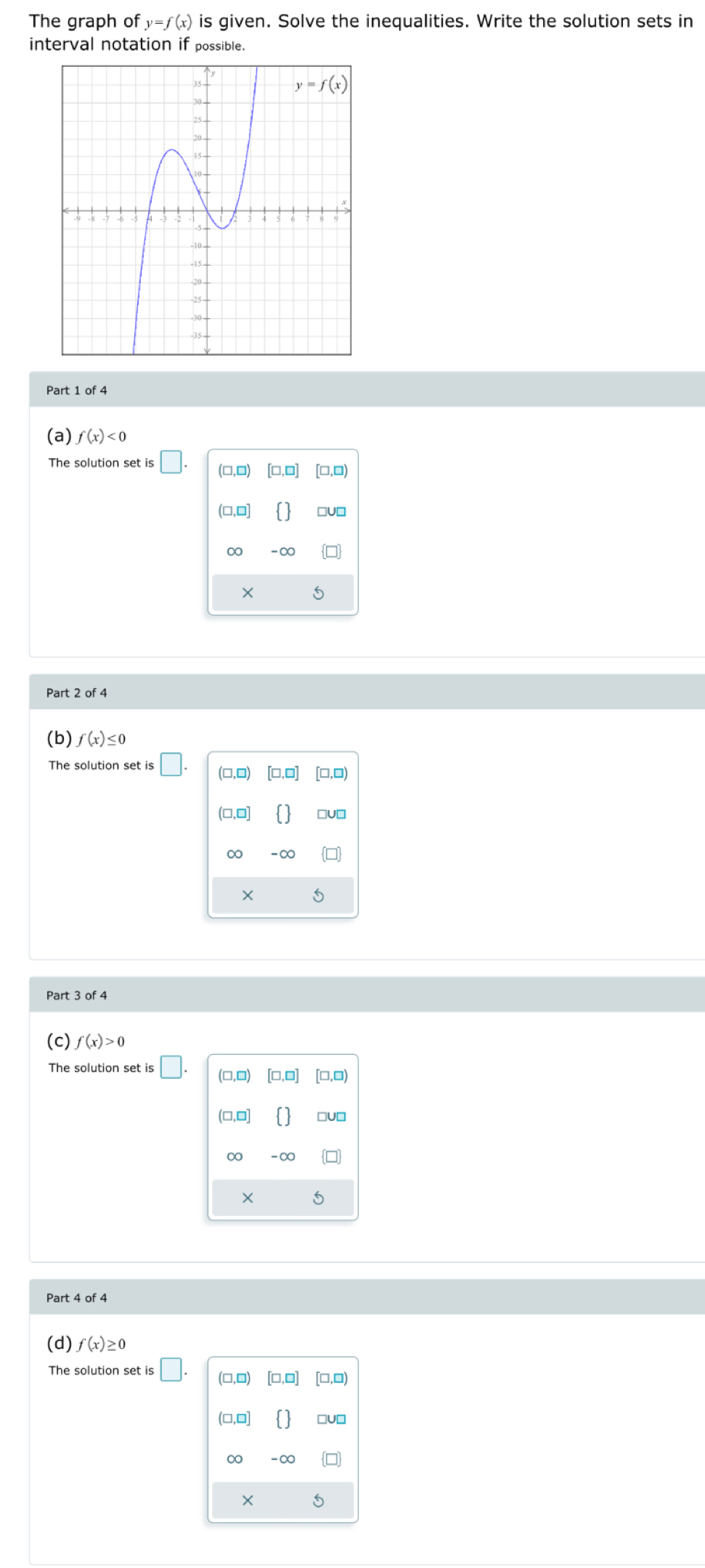 The graph of y=f(x) is given. Solve the inequalities. Write the solution sets in
interval notation if possible.
Part 1 of 4
(a) f(x)<0</tex>
The solution set is □ (□,0) [□,□ □,□
(□,□] □U□
-∞
×
Part 2 of 4
(b) f(x)≤
The solution set is O (□,0)
(□,0] *U⊥
-∞
×
Part 3 of 4
(c) f(x)>0
The solution set is □ (□,0)
(□,□]
∞ -∞
Part 4 of 4
(d) f(x)≥ 0
The solution set is □ .
□ , 1,□
(□,□] □U□
-∞