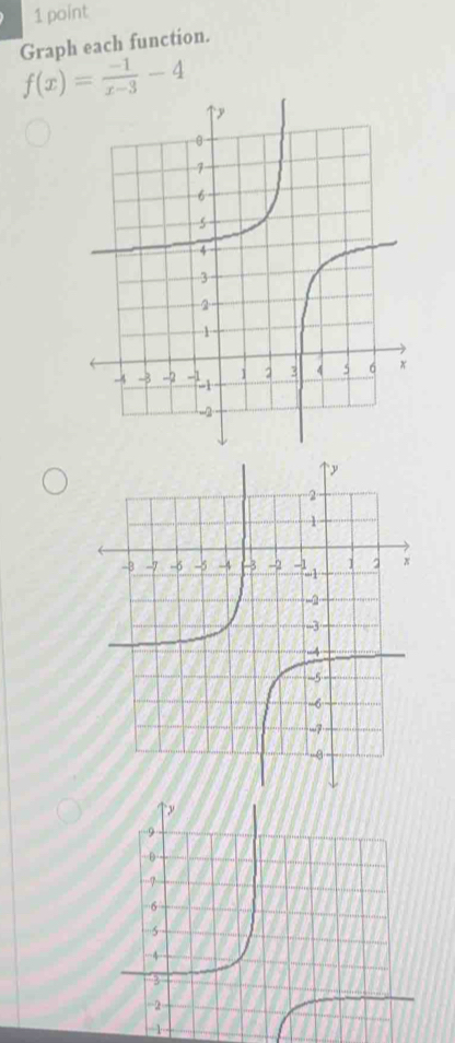 Graph each function.
f(x)= (-1)/x-3 -4