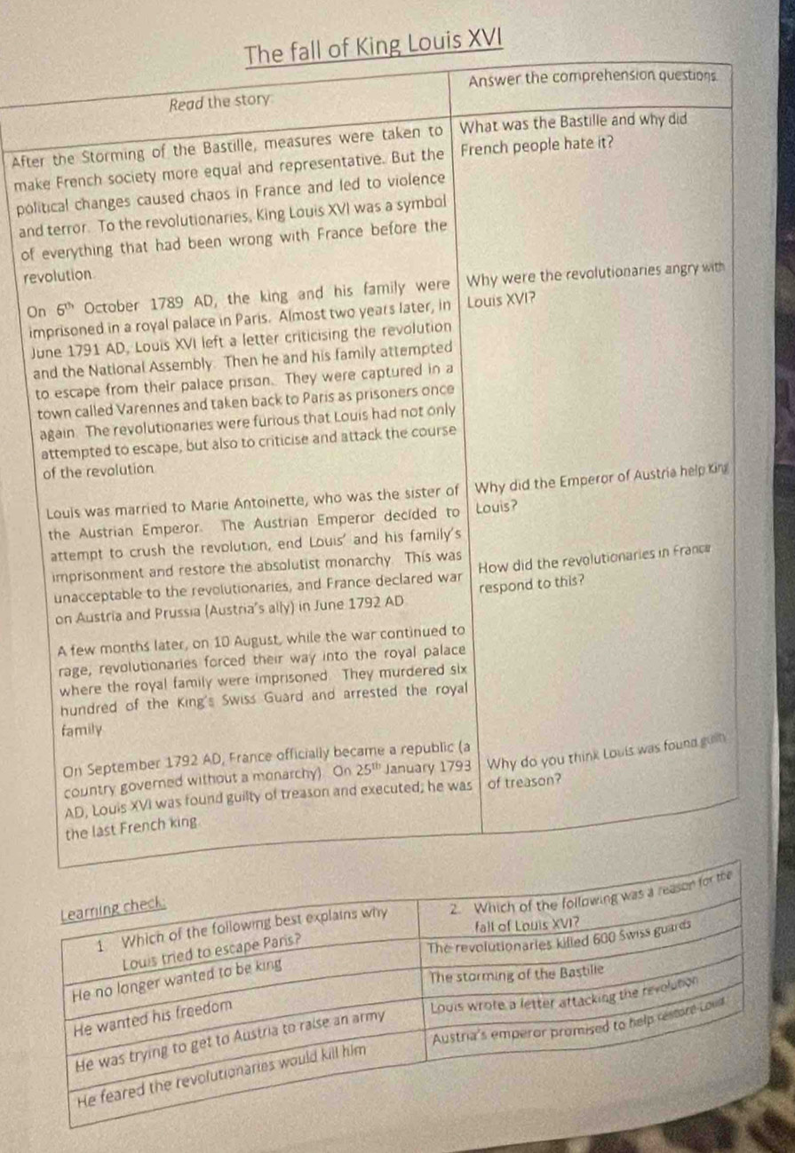 The fall of King Louis XVI 
Answer the comprehension questions 
Read the story 
After the Storming of the Bastille, measures were taken to What was the Bastille and why did 
make French society more equal and representative. But the French people hate it? 
political changes caused chaos in France and led to violence 
and terror. To the revolutionaries, King Louis XVI was a symbol 
of everything that had been wrong with France before the 
revolution 
On 6^(th) October 1789 AD, the king and his family were Why were the revolutionaries angry with 
imprisoned in a royal palace in Paris. Almost two years later, in Louis XVI? 
June 1791 AD, Louis XVI left a letter criticising the revolution 
and the National Assembly. Then he and his family attempted 
to escape from their palace prison. They were captured in a 
town called Varennes and taken back to Paris as prisoners once 
again. The revolutionaries were furious that Louis had not only 
attempted to escape, but also to criticise and attack the course 
of the revolution 
Louis was married to Marie Antoinette, who was the sister of Why did the Emperor of Austria help Kin 
the Austrian Emperor. The Austrian Emperor decided to Louis? 
attempt to crush the revolution, end Louis' and his family's 
imprisonment and restore the absolutist monarchy. This was 
unacceptable to the revolutionaries, and France declared war How did the revolutionaries in France 
on Austria and Prussia (Austria's ally) in June 1792 AD respond to this? 
A few months later, on 10 August, while the war continued to 
rage, revolutionaries forced their way into the royal palace 
where the royal family were imprisoned. They murdered six 
hundred of the King's Swiss Guard and arrested the royal 
family 
On September 1792 AD, France officially became a republic (a 
country governed without a monarchy) On 25^(th) January 1793 Why do you think Louis was found guin 
AD, Louis XVI was found guilty of treason and executed; he was of treason? 
the last French king.