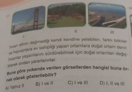 2
σ P.
II. III.
1.
İnsan elinin değmediği kendi kendine yetebilen, farklı bitkiler
ve hayvanlara ev sahipliği yapan ortamlara doğal ortam denir.
Insanlar yaşamlarını sürdürebilmek için doğal ortamları degiş 
tirerek ondan yararlanırlar.
Buna göre yukarıda verilen görsellerden hangisi buna ör-
nek olarak gösterilebilir?
A) Yalnız II B) IveⅡ C) I veⅢ D) I, ⅡveⅢI