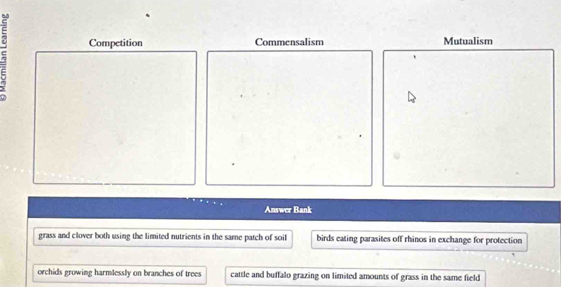 Competition Commensalism Mutualism
Answer Bank
grass and clover both using the limited nutrients in the same patch of soil birds eating parasites off rhinos in exchange for protection
orchids growing harmlessly on branches of trees cattle and buffalo grazing on limited amounts of grass in the same field