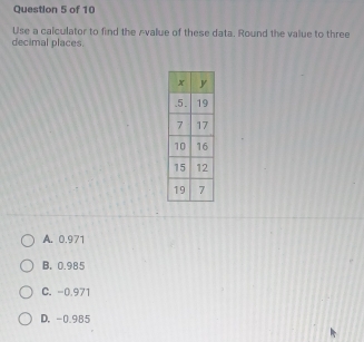 Use a calculator to find the Avalue of these data. Round the value to three
decimal places.
A. 0.971
B. 0.985
C. -0.971
D. -0.985