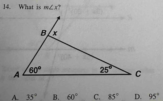 What is m∠ x ?
A. 35° B. 60° C. 85° D. 95°