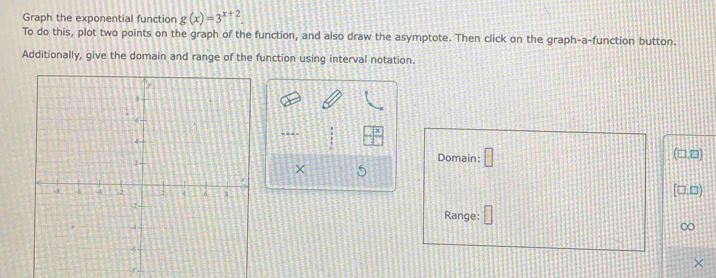 Graph the exponential function g(x)=3^(x+2)
To do this, plot two points on the graph of the function, and also draw the asymptote. Then click on the graph-a-function button. 
Additionally, give the domain and range of the function using interval notation. 
---- 
Domain: □ (□,□) 
× 5 
[□.□) 
Range: 
∞