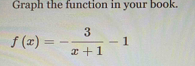 Graph the function in your book.
f(x)=- 3/x+1 -1