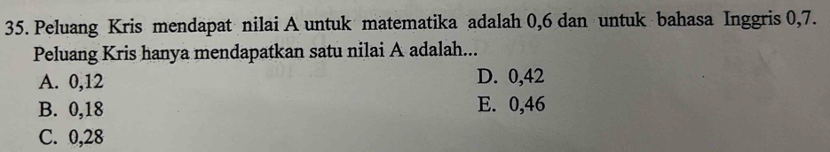 Peluang Kris mendapat nilai A untuk matematika adalah 0, 6 dan untuk bahasa Inggris 0, 7.
Peluang Kris hanya mendapatkan satu nilai A adalah...
A. 0, 12 D. 0, 42
B. 0, 18 E. 0, 46
C. 0, 28