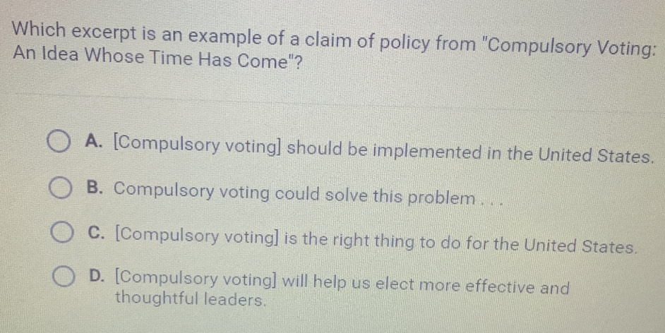 Solved: Which excerpt is an example of a claim of policy from ...