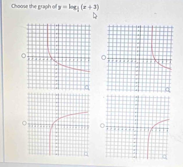 Choose the graph of y=log _ 1/2 (x+3)