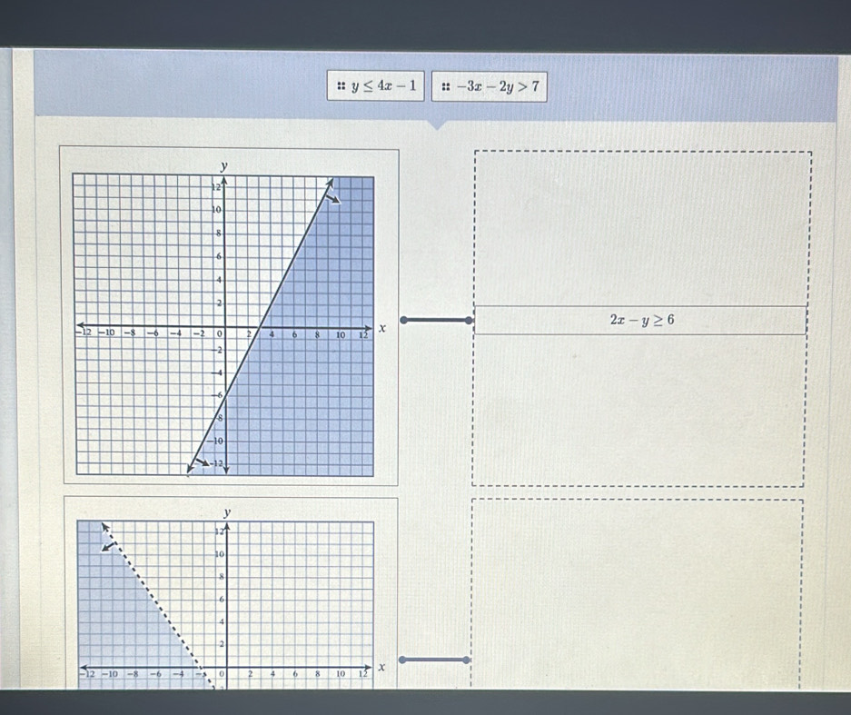 y≤ 4x-1 ::-3x-2y>7
2x-y≥ 6