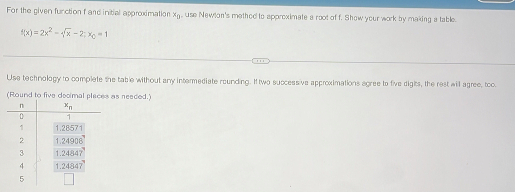 For the given function f and initial approximation x_0 , use Newton's method to approximate a root of f. Show your work by making a table.
f(x)=2x^2-sqrt(x)-2;x_0=1
Use technology to complete the table without any intermediate rounding. If two successive approximations agree to five digits, the rest will agree, too.
(Round to five ds as needed.)