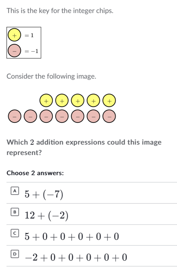 This is the key for the integer chips.
+ =1
=-1
Consider the following image.
Which 2 addition expressions could this image
represent?
Choose 2 answers:
A 5+(-7)
B 12+(-2)
C 5+0+0+0+0+0
D -2+0+0+0+0+0