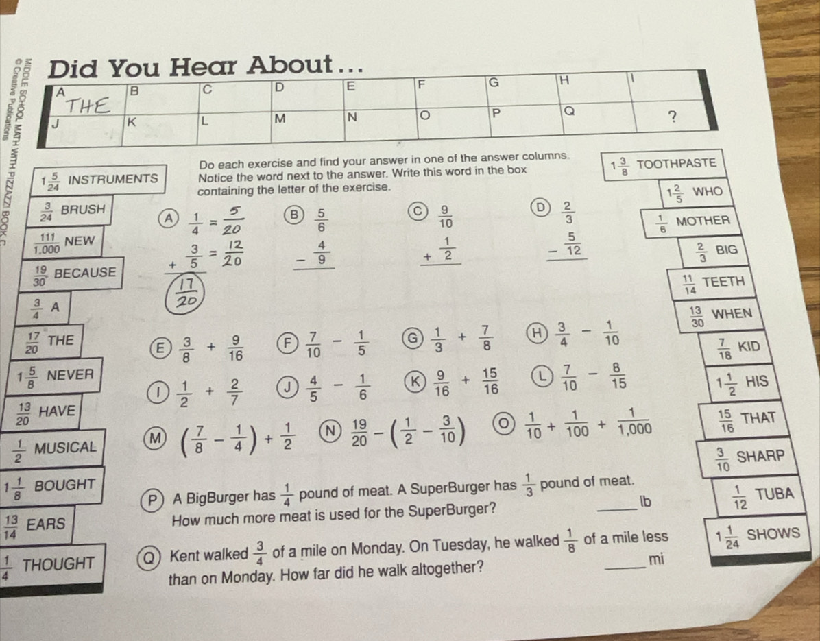 About….
Do each exercise and find your answer in one of the answer columns.
ENTS Notice the word next to the answer. Write this word in the box 1 3/8  TOOTHPASTE
containing the letter of the exercise.
1 2/5 
WHO
a  1/4 = B  5/6   1/6  MOTHER
_ - 4/9 
BIG
+ 3/5 =
beginarrayr c) 9/10  + 1/2  hline endarray
beginarrayr  2/3  - 5/12  hline endarray
 2/3 
 11/14  TEETH
E  3/8 + 9/16  F  7/10 - 1/5  G  1/3 + 7/8  H  3/4 - 1/10   13/30 
WHEN
 7/18 KID
1  1/2 + 2/7  J  4/5 - 1/6  K  9/16 + 15/16  L  7/10 - 8/15  1 1/2 HIS
 13/20 
 1/2  M ( 7/8 - 1/4 )+ 1/2  N  19/20 -( 1/2 - 3/10 )  1/10 + 1/100 + 1/1,000   15/16  THAT
 3/10 
1 1/8  SHARP
P A BigBurger has  1/4  pound of meat. A SuperBurger has  1/3  pound of meat.
lb
 1/12 
 13/14  How much more meat is used for the SuperBurger? _TUBA
 1/4  TQKent walked  3/4  of a mile on Monday. On Tuesday, he walked  1/8  of a mile less 1 1/24  SHOWS
than on Monday. How far did he walk altogether?
mi