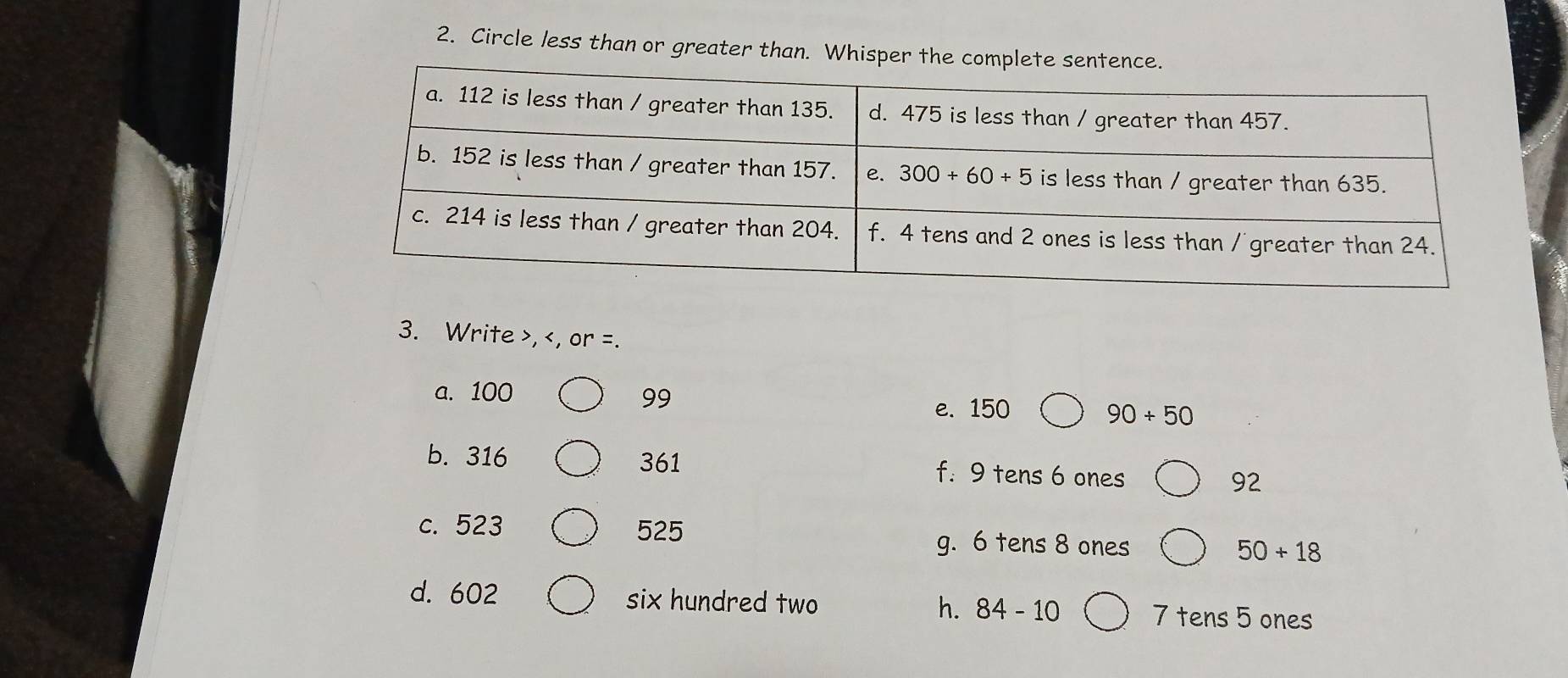 Circle less than or greater than. W
3. Write >,
90+50
b. 316 361 f. 9 tens 6 ones 92
c. 523 525
g. 6 tens 8 ones
50+18
d. 602 six hundred two h. 84-10 7 tens 5 ones