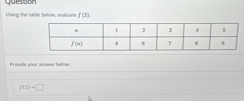 Question
Using the table below, evaluate f(2)
Provide your answer below:
f(2)=□