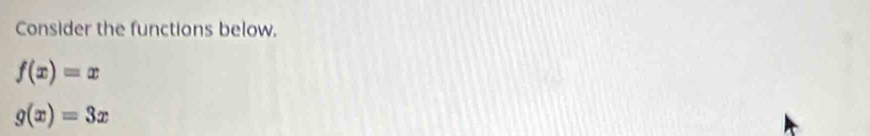 Consider the functions below.
f(x)=x
g(x)=3x