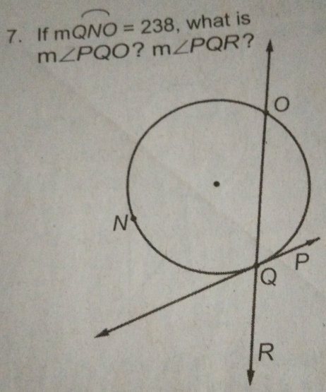 If mwidehat QNO=238 , what is
m∠ PQO