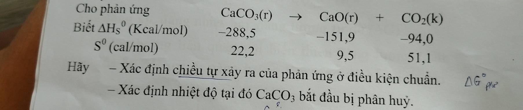 Cho phản ứng
CaCO_3(r) to CaO(r)+CO_2(k)
Biết △ H_S^(0 (Kcal/mol) -288,5 151, 9 □ -94,0
-1
S^0) (cal/mol) 22,2
9, 5 51, 1
Hãy - Xác định chiều tự xảy ra của phản ứng ở điều kiện chuẩn.
Xác định nhiệt độ tại đó CaCO_3 bắt đầu bị phân huý.