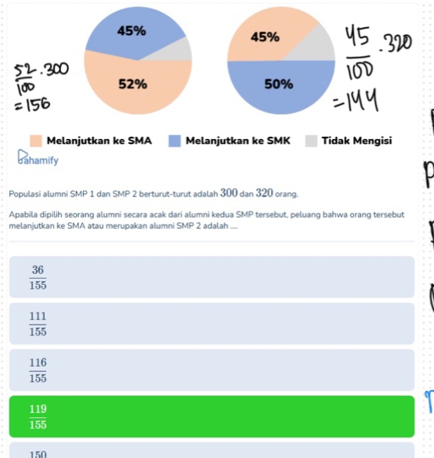 45% 45%
52% 50%
Melanjutkan ke SMA Melanjutkan ke SMK Tidak Mengisi
dahamify
D
Populasi alumni SMP 1 dan SMP 2 berturut-turut adalah 300 dan 320 orang.
Apabila dipilih seorang alumni secara acak dari alumni kedua SMP tersebut, peluang bahwa orang tersebut
melanjutkan ke SMA atau merupakan alumni SMP 2 adalah ....
 36/155 
 111/155 
 116/155 
 119/155 
150