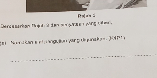 Rajah 3 
Berdasarkan Rajah 3 dan penyataan yang diberi, 
(a) Namakan alat pengujian yang digunakan. (K4P1) 
_