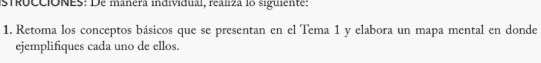 stRúCCióNES: De manera individual, realiza lo siguiente: 
1. Retoma los conceptos básicos que se presentan en el Tema 1 y elabora un mapa mental en donde 
ejemplifiques cada uno de ellos.