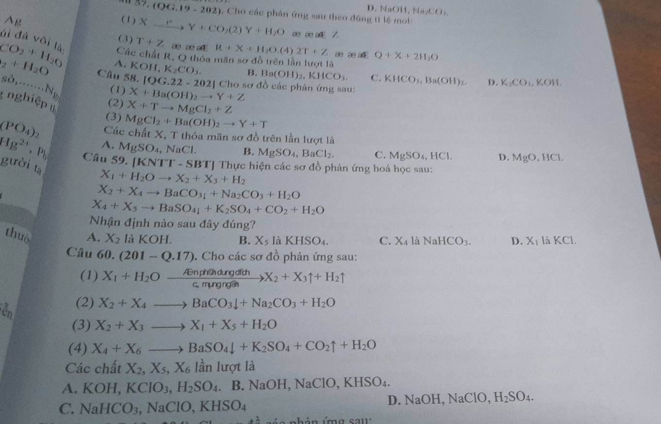 D. NaOH, Na CO_1,
57.(QG.19-202) , Cho các phân ứng sau theo đùng tỉ lệ mol:
AB
( 1) Xxrightarrow mY+CO_2(2)Y+H_2O as as a4 Z
ủi đá vôi là
(3) T+Z a a R+X+H_2O.( D 2T+Z æ and Q+X+2H_2O
Các chất R, Q thỏa mãn sơ đồ trên lần lượt là
CO_2+H_2O A. KOH,K_2CO_3. B. Ba(OH)_2,KHCO_3, C. KHCO_3,Ba(OH)_2. D. K_2CO_3,KOH.
_2+H_2O Câu 58. [QG.22-202] Cho sơ đồ các phản ứng sau:
shat O,.......N_B (1) X+Ba(OH)_2to Y+Z
* nghiệp
(2) X+Tto MgCl_2+Z
(3) MgCl_2+Ba(OH)_2to Y+T
(PO_4)_2 Các chất X, T thỏa mãn sơ đồ trên lần lượt là
A. MgSO_4,NaCl. B.
Hg^(24) ,p Câu 59. [KNTT-SBT] * Thực hiện các sơ đồ phản ứng hoá học sau:
MgSO_4,BaCl_2. C. MgSO_4,HCl D. MgO,HCl.
gười ta
X_1+H_2Oto X_2+X_3+H_2
X_2+X_4to BaCO_31+Na_2CO_3+H_2O
X_4+X_5to BaSO_41+K_2SO_4+CO_2+H_2O
Nhận định nào sau đây đúng?
thuờ A. X_2 là KOH.
B. X_5laKHSO_4. C. X_4 là NaHCO_3. D. X_1 là KCl.
Câu 60.(201-Q.17). Cho các sơ đồ phản ứng sau:
(1) X_1+H_2Oxrightarrow AenphendungdfthX_2+X_3uparrow +H_2uparrow
ến
(2) X_2+X_4to BaCO_3downarrow +Na_2CO_3+H_2O
(3) X_2+X_3to X_1+X_5+H_2O
(4) X_4+X_6to BaSO_4downarrow +K_2SO_4+CO_2uparrow +H_2O
Các chất X_2,X_5,X_6 lần lượt là
A. KOH, KClO_3,H_2SO_4.B.NaOH,NaClO,KHSO_4.
C. NaHCO_3,NaClO,KHSO_4
D. NaOH,NaClO,H_2SO_4.
e  nhản ứmg sau'