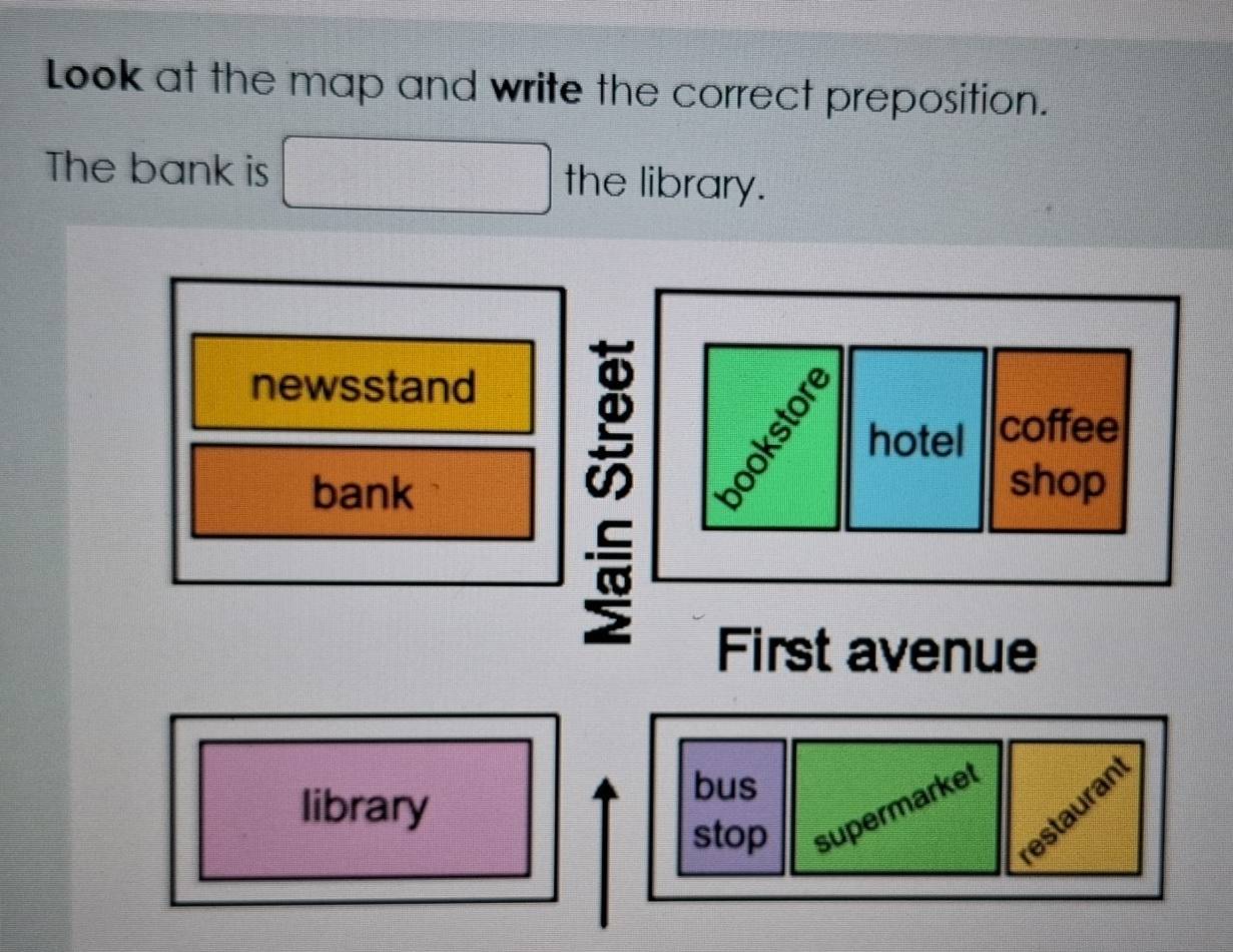 Look at the map and write the correct preposition.
The bank is d= □ /□   the library.
newsstand
bank
First avenue
library
bus
stop supermarket
estauran