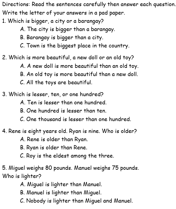 Directions: Read the sentences carefully then answer each question.
Write the letter of your answers in a pad paper.
1. Which is bigger, a city or a barangay?
A. The city is bigger than a barangay.
B. Barangay is bigger than a city.
C. Town is the biggest place in the country.
2. Which is more beautiful, a new doll or an old toy?
A. A new doll is more beautiful than an old toy.
B. An old toy is more beautiful than a new doll.
C. All the toys are beautiful.
3. Which is lesser, ten, or one hundred?
A. Ten is lesser than one hundred.
B. One hundred is lesser than ten.
C. One thousand is lesser than one hundred.
4. Rene is eight years old. Ryan is nine. Who is older?
A. Rene is older than Ryan.
B. Ryan is older than Rene.
C. Roy is the eldest among the three.
5. Miguel weighs 80 pounds. Manuel weighs 75 pounds.
Who is lighter?
A. Miguel is lighter than Manuel.
B. Manuel is lighter than Miguel.
C. Nobody is lighter than Miguel and Manuel.