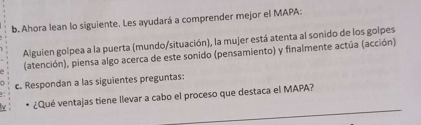 Ahora lean lo siguiente. Les ayudará a comprender mejor el MAPA: 
Alguien golpea a la puerta (mundo/situación), la mujer está atenta al sonido de los golpes 
ρ (atención), piensa algo acerca de este sonido (pensamiento) y finalmente actúa (acción) 
c. Respondan a las siguientes preguntas: 
_ 
Iv ¿Qué ventajas tiene llevar a cabo el proceso que destaca el MAPA?