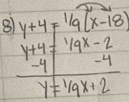 8 y+4=1/9(x-18)
y+4!= 1/9x-2
-9
-4
y=1/9x+2