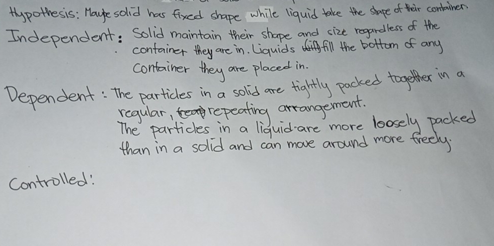 Hypothesis: Maype solid has fixcd shape while liquid take the shape of their comtainer. 
Independent: Solid maintain their shape and cize regardless of the 
container they are in. Liquids fill the bottom of any 
container they are placed in. 
Dependent: The particles in a solid are tightly packed together in a 
regular, repeating arrangement. 
The particles in a liquid are more loosely packed 
than in a solid and can move around more freely. 
Controlled!