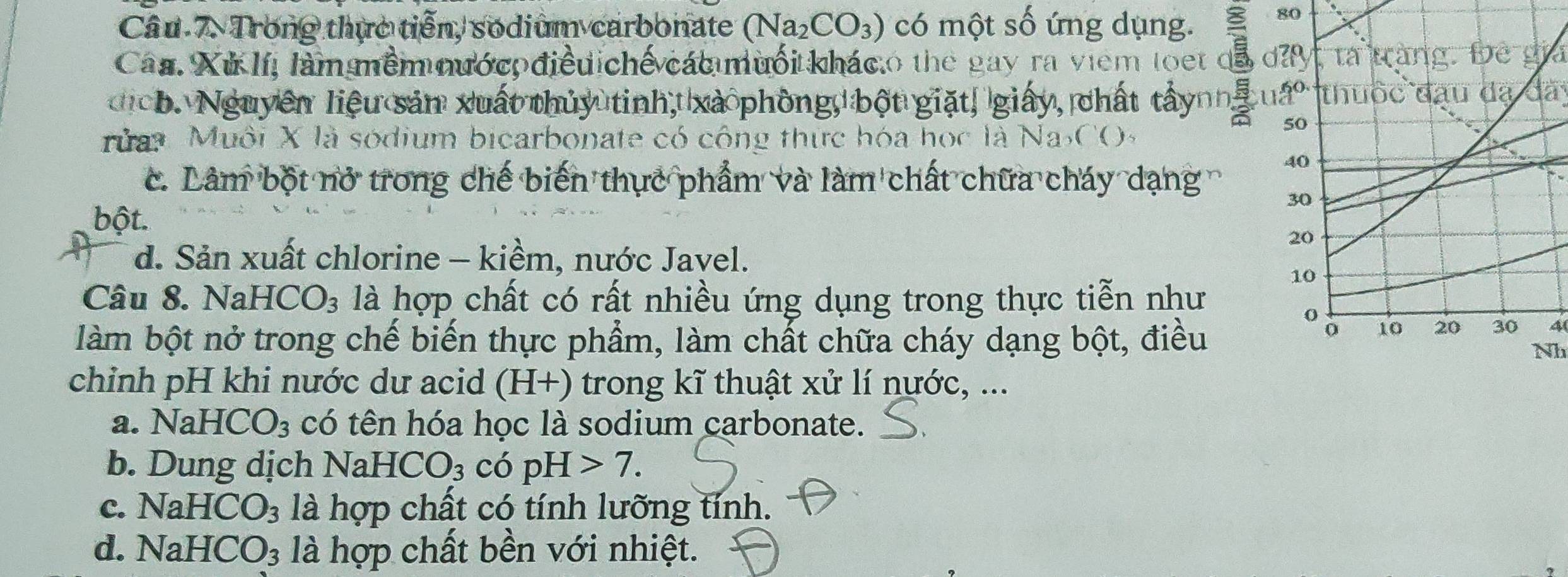 Trong thực tiến, sodium carbonate (Na_2CO_3) có một số ứng dụng. 80
Cáa. Xứ lí, làm mềm nướ co điềd chế các muối kháco the gay ra viêm toet ta tràng Đê gia
dịob. Nguyên liệu sản xuất thủy tinh, xả phòng, bột giặt, giấy, chất tấynn; uo thuốc đầu đạ
rửa: Muôi X là sódium bicarbonate có công thức hóa học là Na_2CO_3
50
c. Lâm bột nở trong chế biến thực phẩm và làm chất chữa cháy dạng
40
30
bột.
20
d. Sản xuất chlorine - kiềm, nước Javel.
10
Câu 8. N JaHCO_3 là là hợp chất có rất nhiều ứng dụng trong thực tiễn như
o
làm bột nở trong chế biến thực phẩm, làm chất chữa cháy dạng bột, điều
0 10 20 30 a
Nh
chỉnh pH khi nước dư acid I (H+) * trong kĩ thuật xử lí nước, ...
a. NaHCO_3 có tên hóa học là sodium carbonate.
b. Dung dịch Na HCO_3 có pH>7.
c. NaHCO_3 là hợp chất có tính lưỡng tính.
d. NaHCO_3 là hợp chất bền với nhiệt.