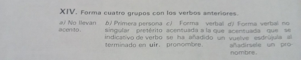 Forma cuatro grupos con los verbos anteriores.
a) No Ilevan b) Primera persona c) Forma verbal d) Forma verbal no
acento . singular pretérito acentuada a la que acentuada que se
indicativo de verbo se ha añadído un vuelve esdrújula al
terminado en uir. pronombre. añadírsele un pro-
nombre.