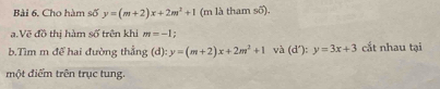 Cho hàm số y=(m+2)x+2m^2+1 (m là tham số). 
a.Vẽ đồ thị hàm swidehat j trên khi m=-1
b.Tìm m để hai đường thẳng (d): y=(m+2)x+2m^2+1 và (d'):y=3x+3 cắt nhau tại 
một điểm trên trục tung.