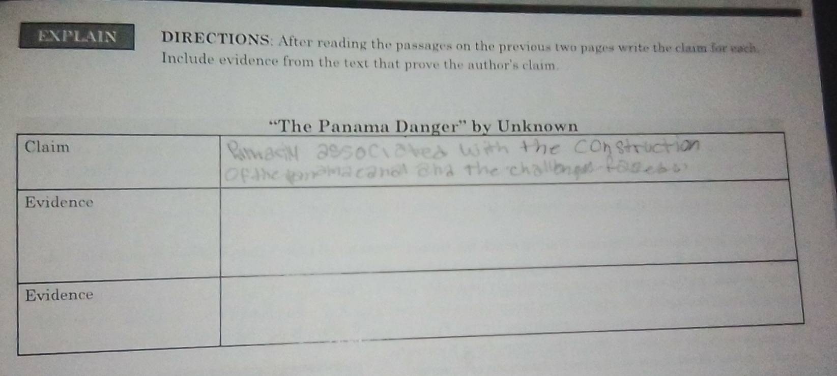 EXPLAIN DIRECTIONS: After reading the passages on the previous two pages write the clam for each 
Include evidence from the text that prove the author's claim.