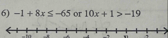 -1+8x≤ -65 or 10x+1>-19
-10 -8 -6 -4 -7 v 2