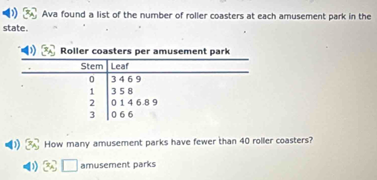 Ava found a list of the number of roller coasters at each amusement park in the 
state. 
How many amusement parks have fewer than 40 roller coasters? 
€ amusement parks