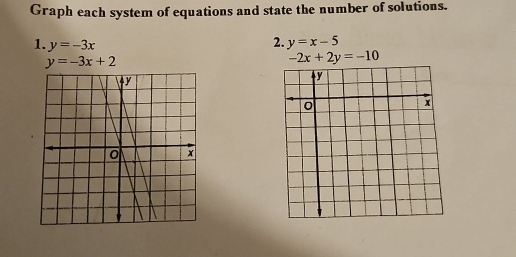 Graph each system of equations and state the number of solutions. 
1. y=-3x
2. y=x-5
y=-3x+2
-2x+2y=-10