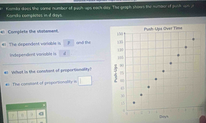 interactivé Práctica Répri 
Kamila does the same number of push-ups each day. The graph shows the number of push aps 
Kamila completes in d days. 
Complete the statement. 
The dependent variable is p and the 
independent variable is d
a What is the constant of proportionality? 
The constant of proportionality is 
. . . ×
7 B 9