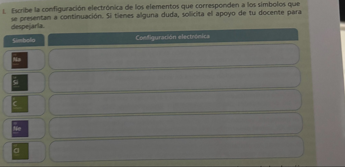 Escribe la configuración electrónica de los elementos que corresponden a los símbolos que 
se presentan a continuación. Si tienes alguna duda, solicita el apoyo de tu docente para 
despejarla. 
Simbolo Configuración electrónica 
Na 
Si 
Ne