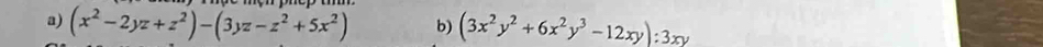 (x^2-2yz+z^2)-(3yz-z^2+5x^2) b) (3x^2y^2+6x^2y^3-12xy):3xy